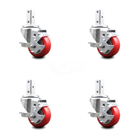 Service Caster 3.5 Inch Red Poly Wheel Swivel 7/8 Inch Square Stem Caster Set with Brake SCC SCC-SQ20S3514-PPUB-RED-TLB-78-4